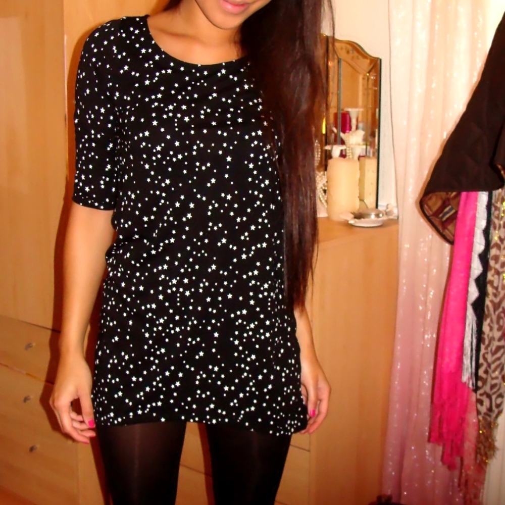 Zara Black mini dress with white stars. Medium
